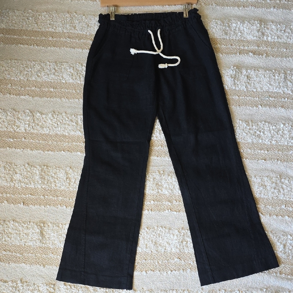 Roxy Black Boot Flare Relaxed Drawstring Lounge Linen Blend Pants Medium